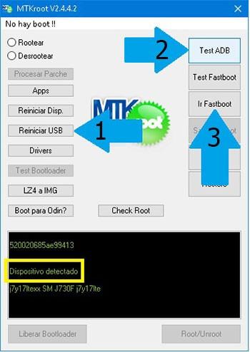 MTKroot v2.4.4.2 Meizu 16 reiniciar USB, test ADB, ir a Fastboot
