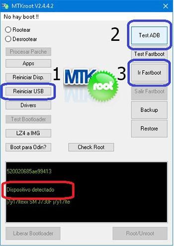 MTKroot v2.4.4.2 VKworld T1 Plus reiniciar USB, test ADB, ir a Fastboot